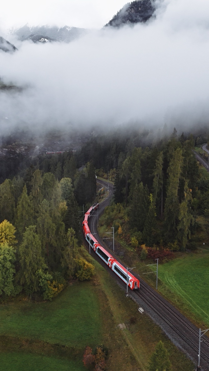 Red train on a line through forest under low mist.
