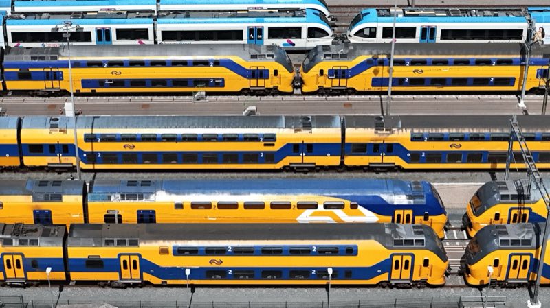 Rows of yellow and blue double-deck trains stabled side by side, white and blue units behind.