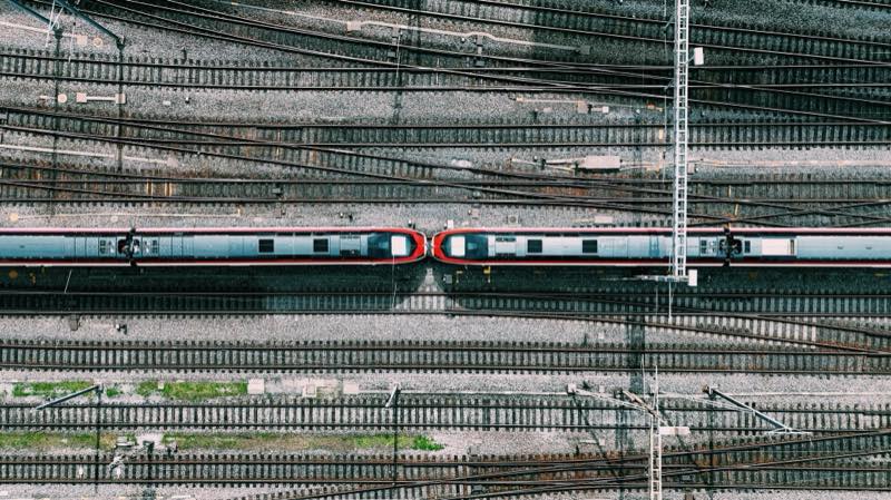 Two trains coupled nose to nose, seen from directly above a wide fan of tracks.